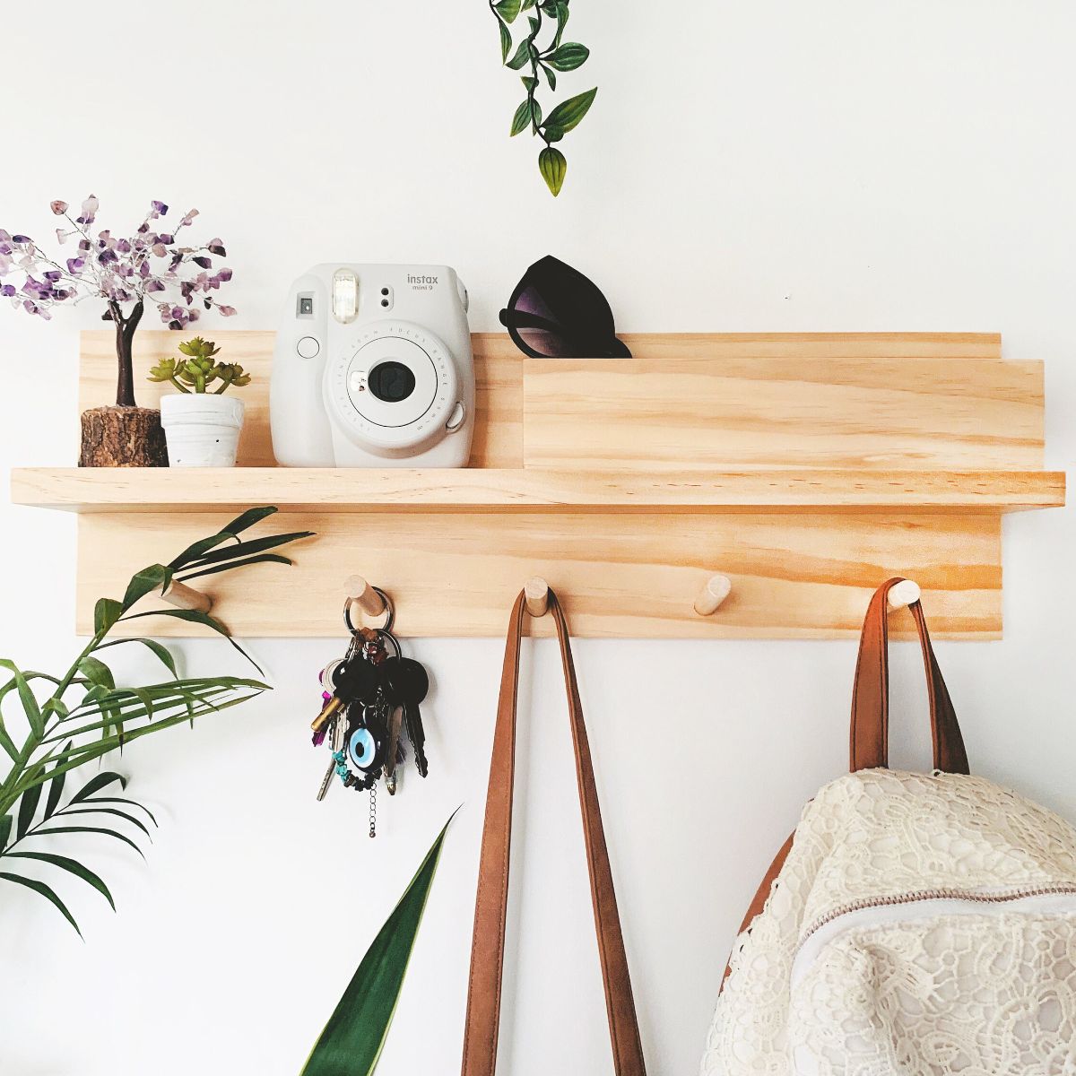 All-In-One Coat Rack Entryway Organiser Shelf. This item is 55cm with Pine Wood and Raw Finish.