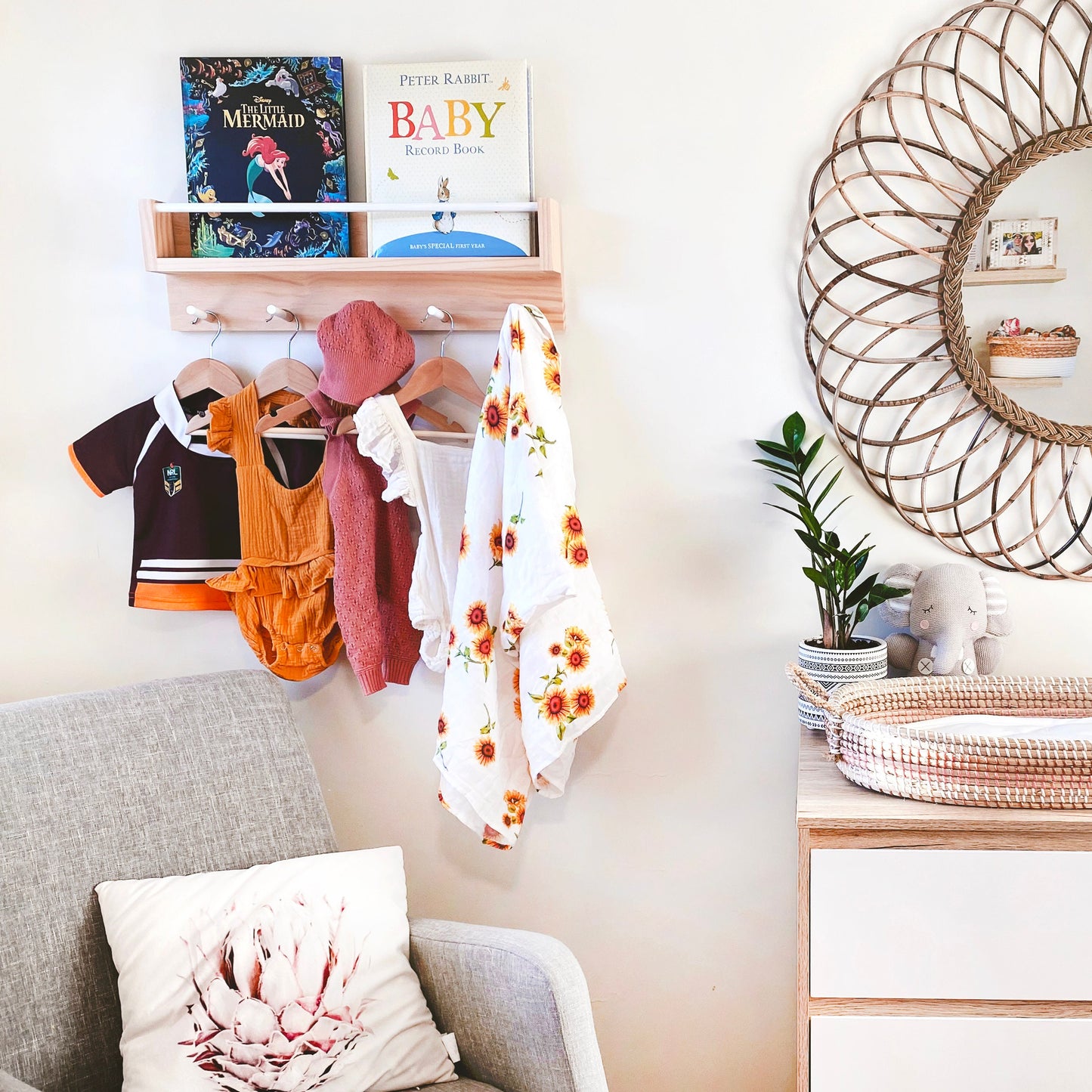 Kids bookshelf and coat rack combo - round peg across, pine wood, nursery book shelf, bookshelves, nursery bookshelf, bookshelf