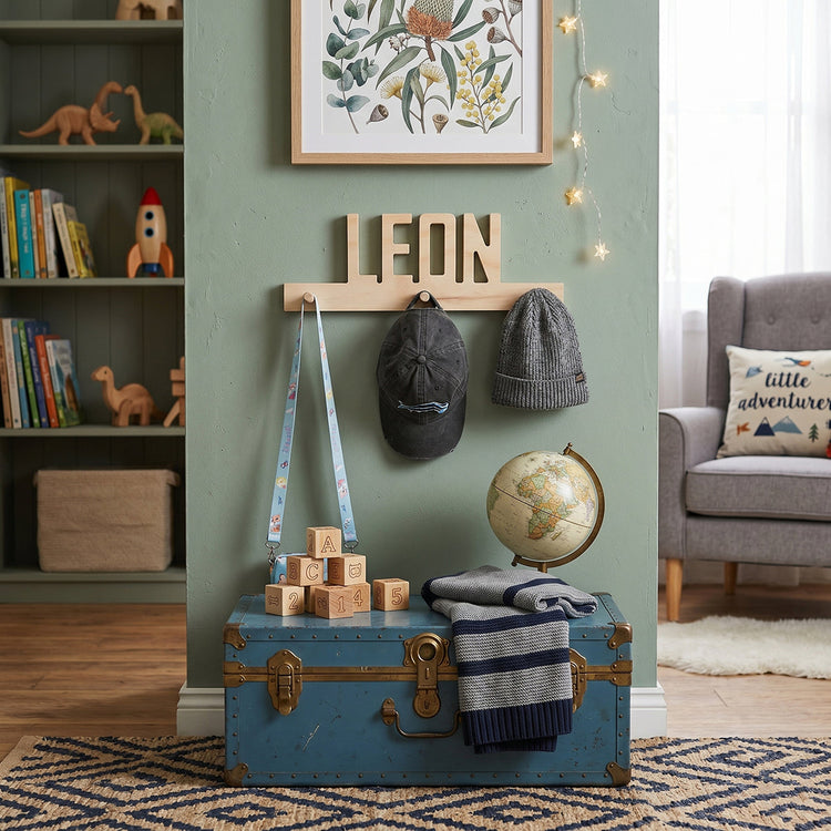 Personalised wooden coat rack with name Leon