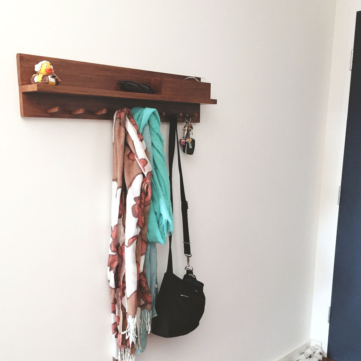 All-In-One Coat Rack Entryway Organiser Shelf. This item is 80cm with Tasmanian Oak Wood and Walnut stain Finish. 