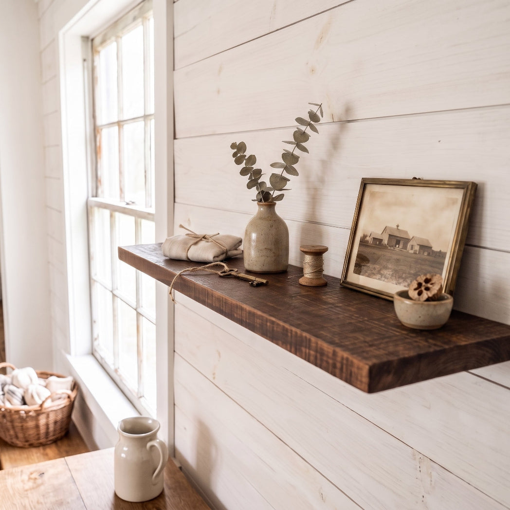 A rustic dark wood floating shelf mounted on a white shiplap wall, styled with a ceramic vase of eucalyptus, a framed sepia photo, a small bowl, and a spool of thread in a bright farmhouse interior.