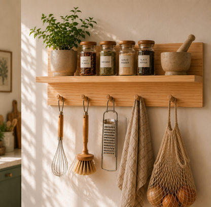 Minimalist wooden kitchen shelf with peg hooks holding a wooden whisk, dish brush, and mesh bag, styled with glass spice jars on top.