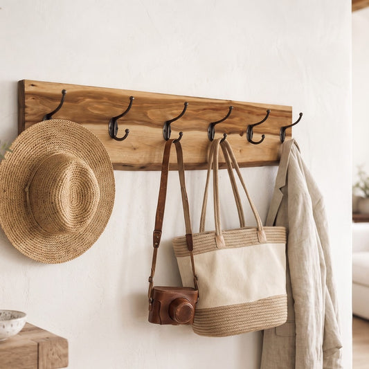 A right-angle view of a live-edge timber coat rack styled with lifestyle items including a straw sunhat, a vintage leather camera case, a canvas tote bag, and a beige linen blazer hanging against a minimalist white wall.