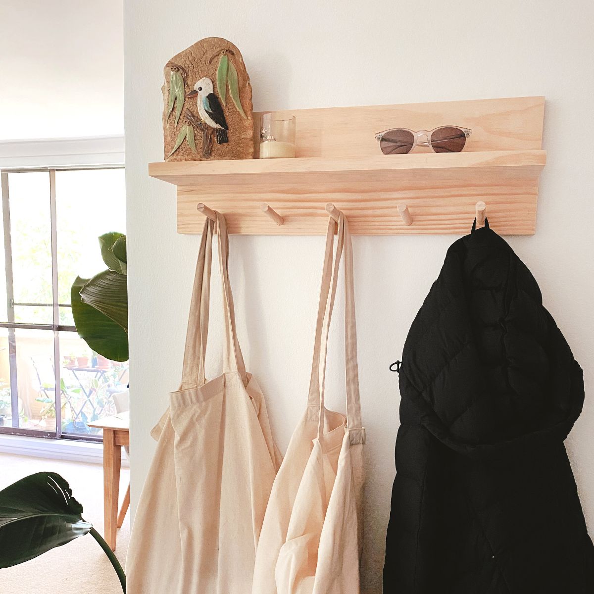 55cm Pine Wood Coat Rack Entryway Organiser Shelf with no mail holder. This is an actual customer photo at their home
