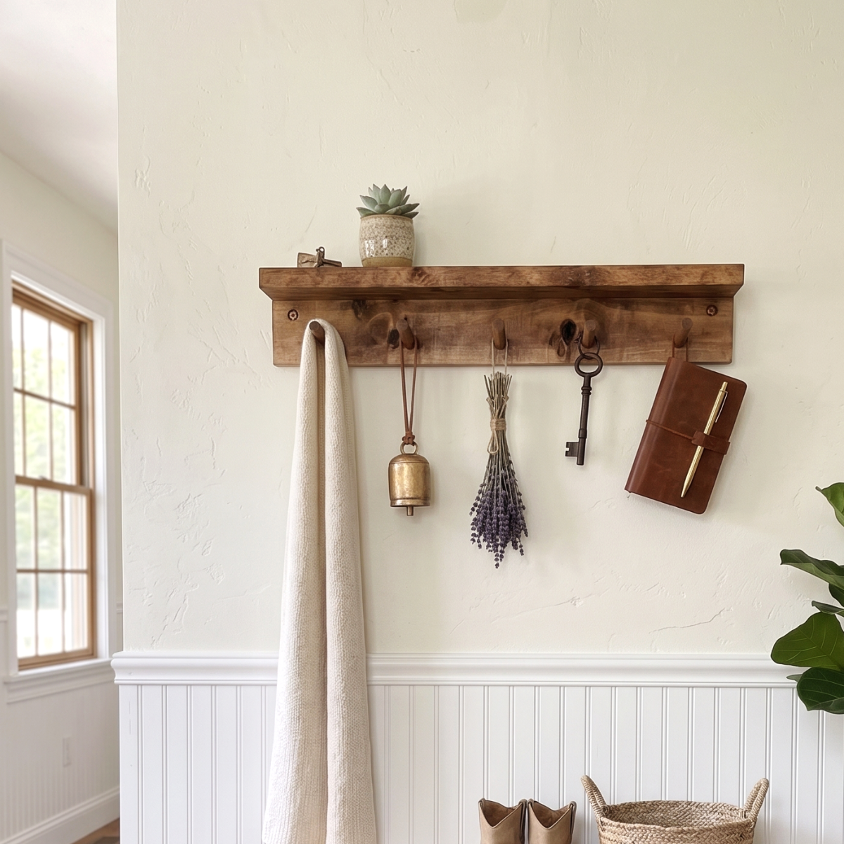 Rustic Coat Rack Entryway Organiser Shelf (Walnut Brown)