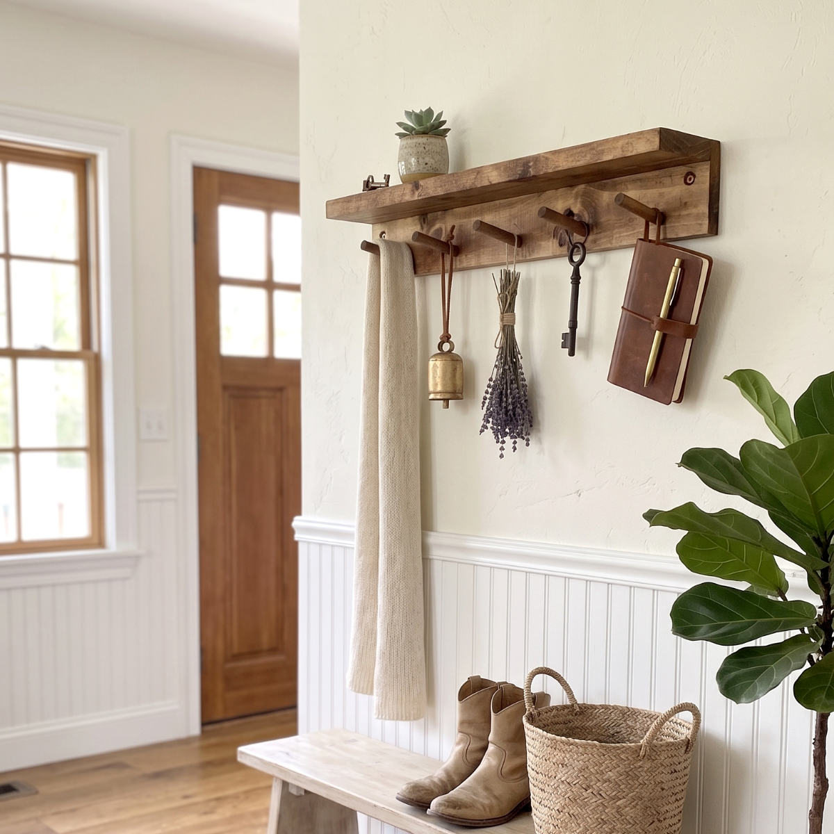Rustic Coat Rack Entryway Organiser Shelf (Walnut Brown)