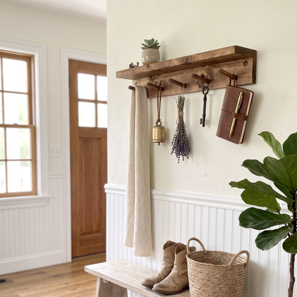 Rustic Coat Rack Entryway Organiser Shelf (Walnut Brown)