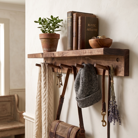 Rustic Coat Rack Entryway Organiser Shelf (Walnut Brown)