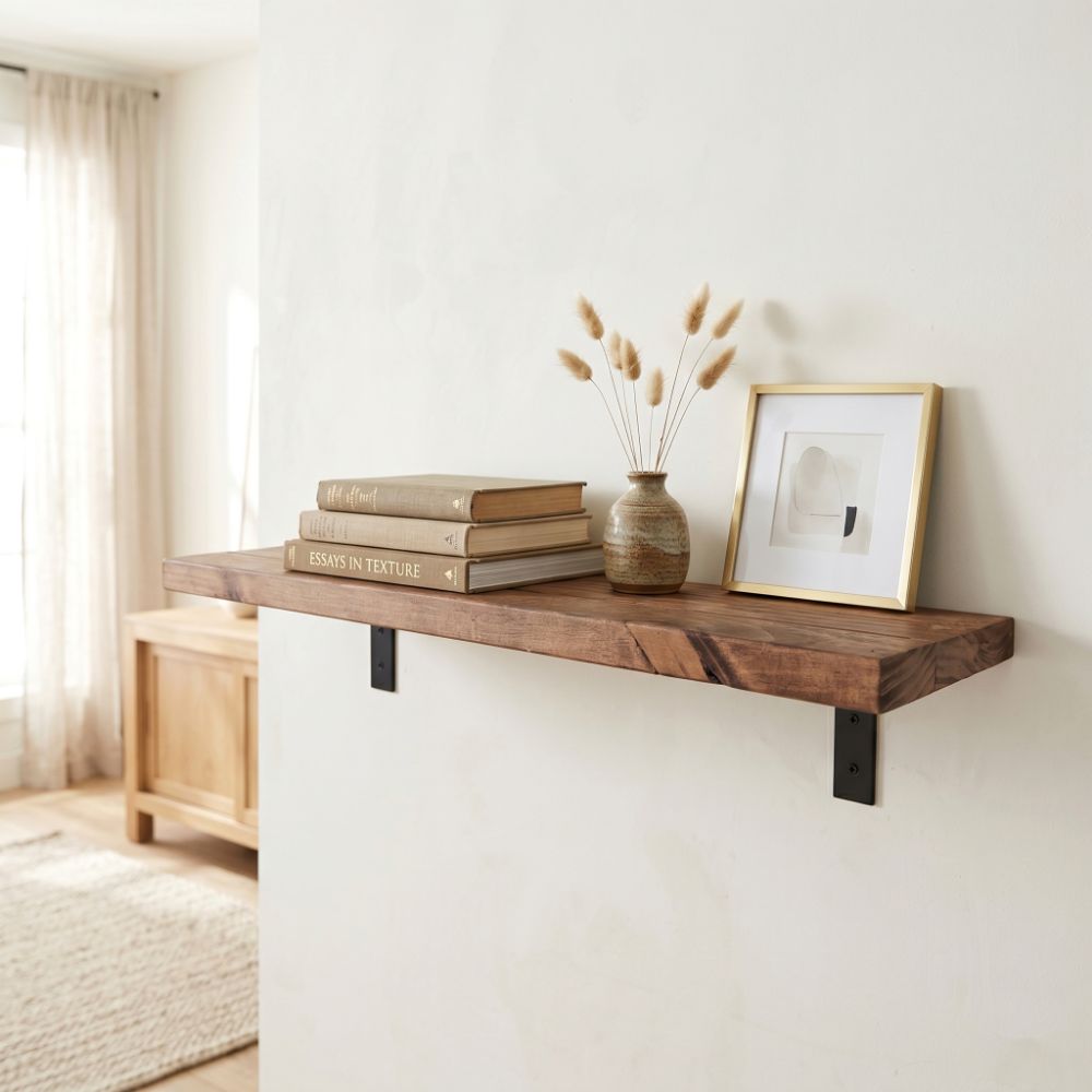 Rustic Pine Floating Shelf – Walnut Brown Chunky Timber Wall Ledge