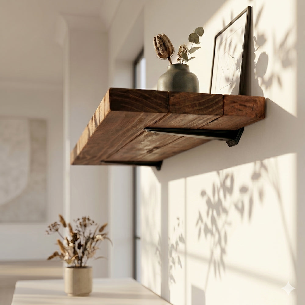 Close-up angled view from underneath a chunky walnut brown wood floating shelf displaying a ceramic vase and framed artwork in a sunlit room.