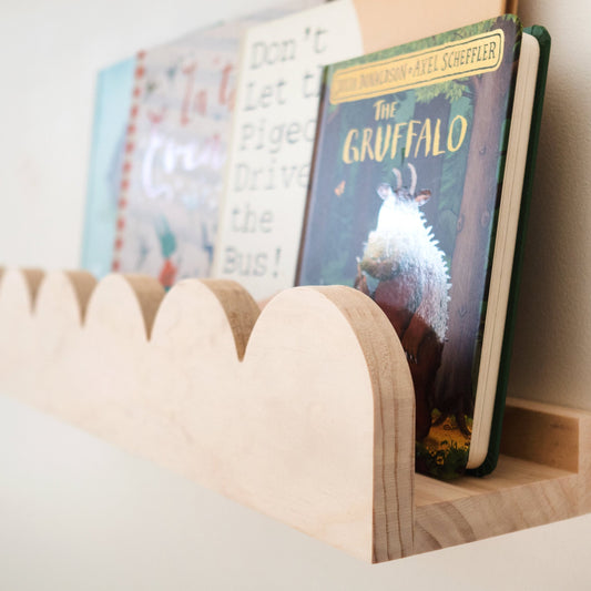 Scalloped Shelf (solid wood - pine wood) with books on the shelf