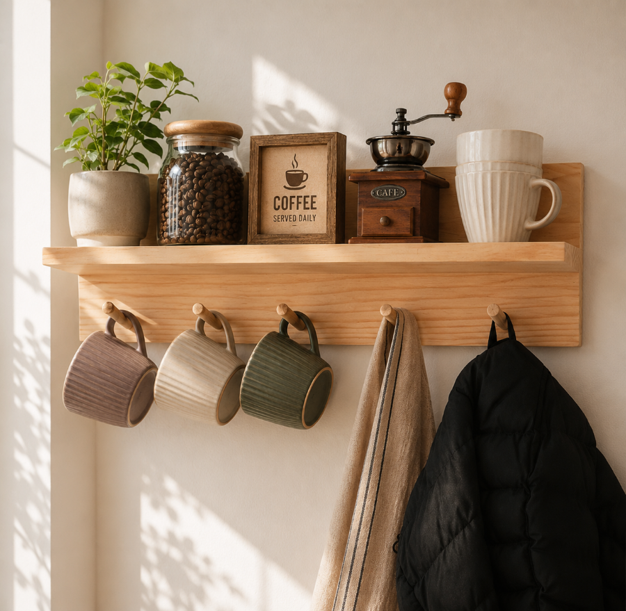Wooden shelf with coffee-themed decor including mugs, a plant, and a coffee grinder.