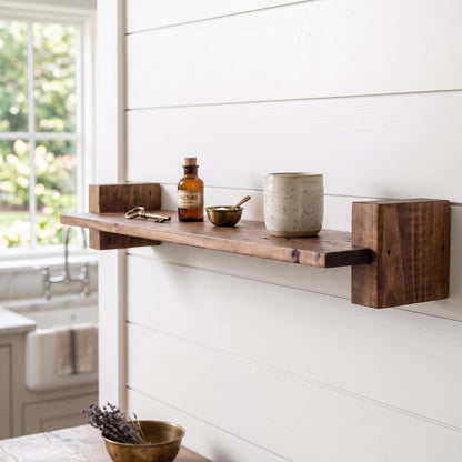 A rustic walnut-stained wood floating shelf mounted on a white shiplap wall, styled with a ceramic mug, small bowls, and an amber bottle. A farmhouse sink and window are visible in the softly lit background.