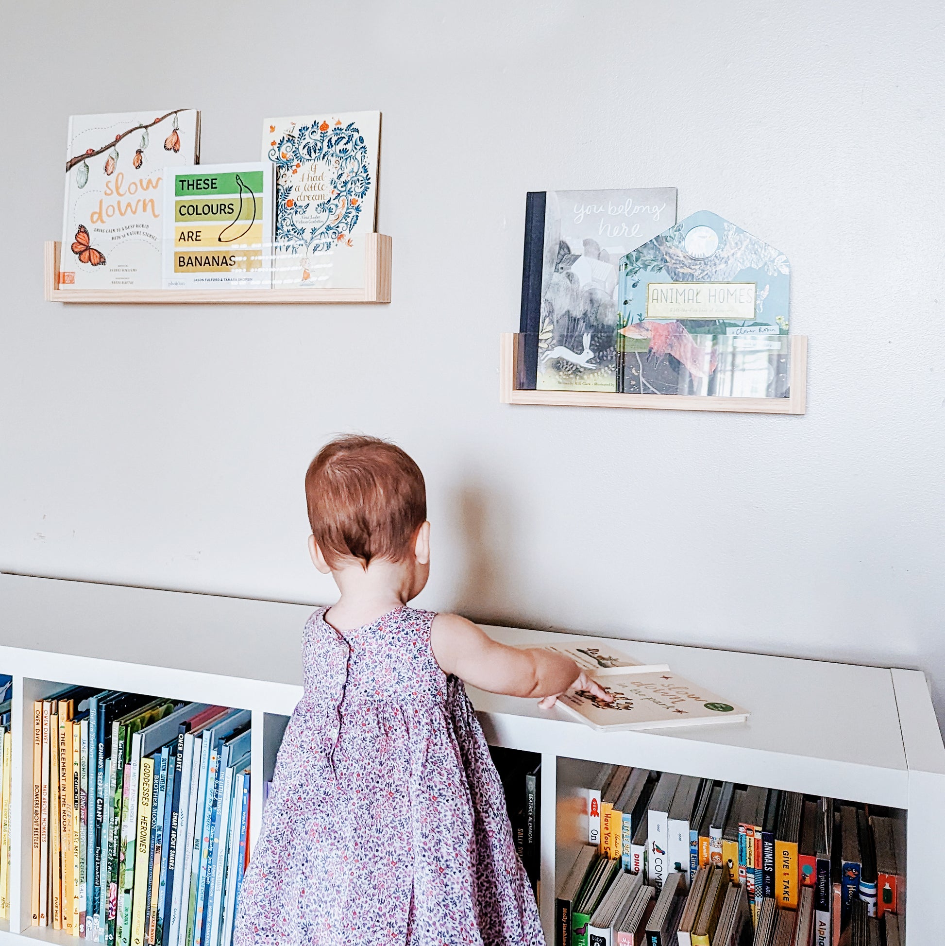 This item has a wooden shelf with clear acrylic in front. The books are stacked inside with a toddler girl looking at the books