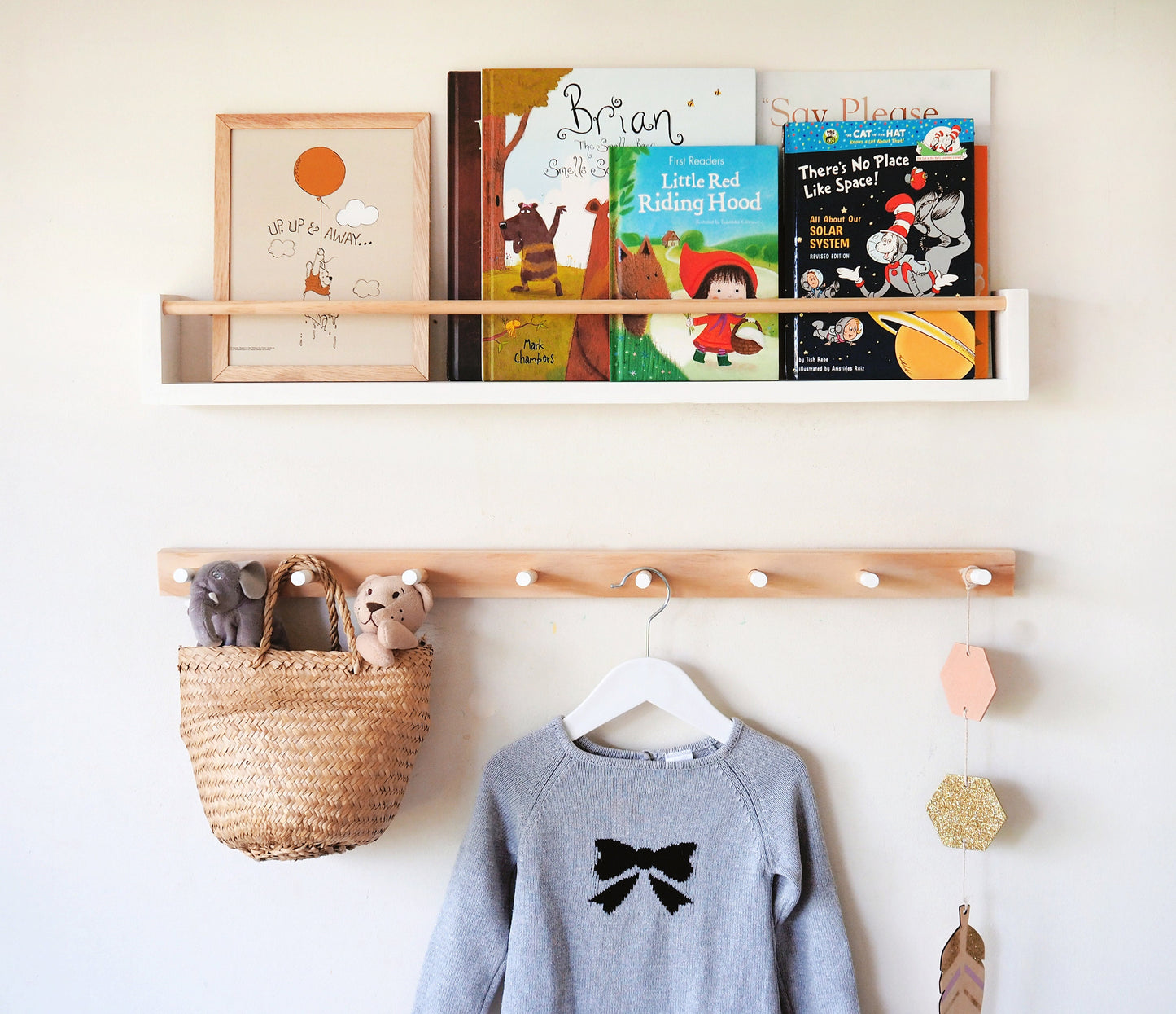Kids bookshelf & Peg rail combo (pine wood) - Kids peg rail, Floating Bookshelf for kids, book shelf, nursery bookshelf, Kids coat rack