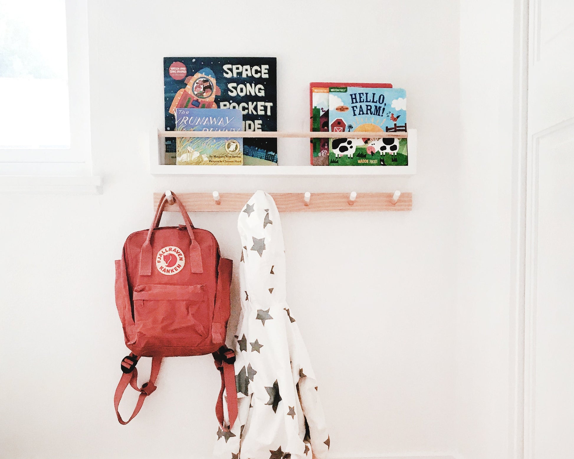 Kids bookshelf & Peg rail combo (pine wood) - Kids peg rail, Floating Bookshelf for kids, book shelf, nursery bookshelf, Kids coat rack