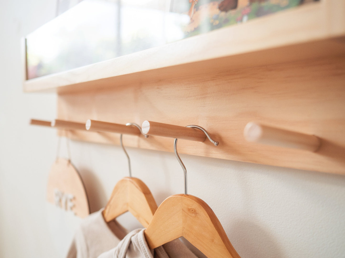 Nursery bookshelf with clothes hanger (clear or Iridescent acrylic front) - Nursery shelf,  Baby shower gift, Book display shelf, Baby Gift